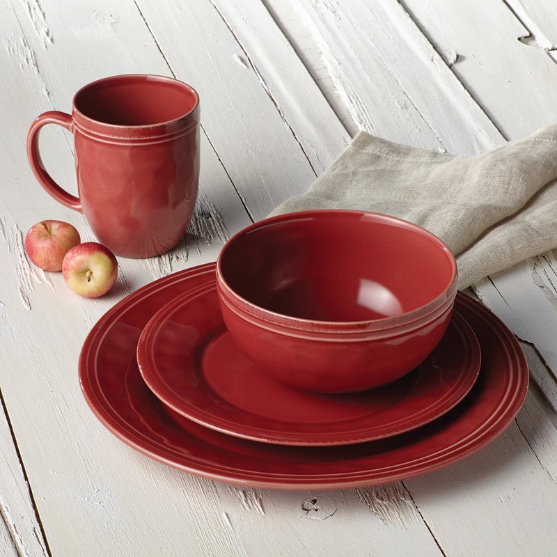 Rachael Ray Cucina Dinnerware 16-Piece Stoneware Dinnerware Set, Cranberry Red