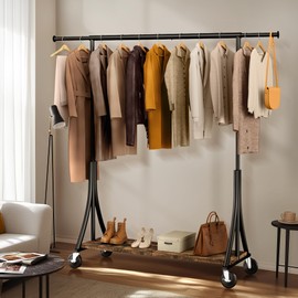 HOKEEPER Clothes Rack with Wood Shelves 500 LBS Garment Rack with Lockable Wheels Portable Closet for Bedroom, Living Room, Laundry, Balcony, Black 15.7" D*74.7" W*70.7" H