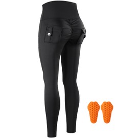 WOSAWE Women's Motorcycle Yoga Leggings with Removable Knee Pads Butt Lifting Cargo Pants, Large Black