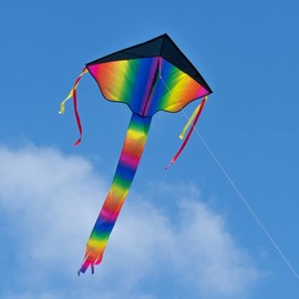 CIM Large Kids Kite - SUPER KITE Rainbow Delta XL blue - Single line kite for children from the age of 6 years up - 106x210cm - including kite line and striped tails