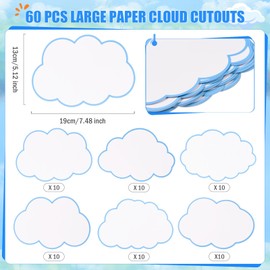 FOBSME 60 Pcs Large Clouds Cutouts 7.48x5.12 Inch Paper Cloud Die-Cuts Accents White Clouds Cutouts Accents for Bulletin Board, Classroom, Cork Board, White Board, Nursery, Baby Shower Party Decor