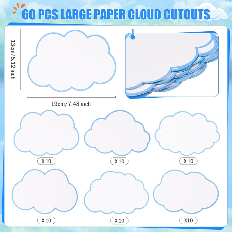 FOBSME 60 Pcs Large Clouds Cutouts 7.48x5.12 Inch Paper Cloud