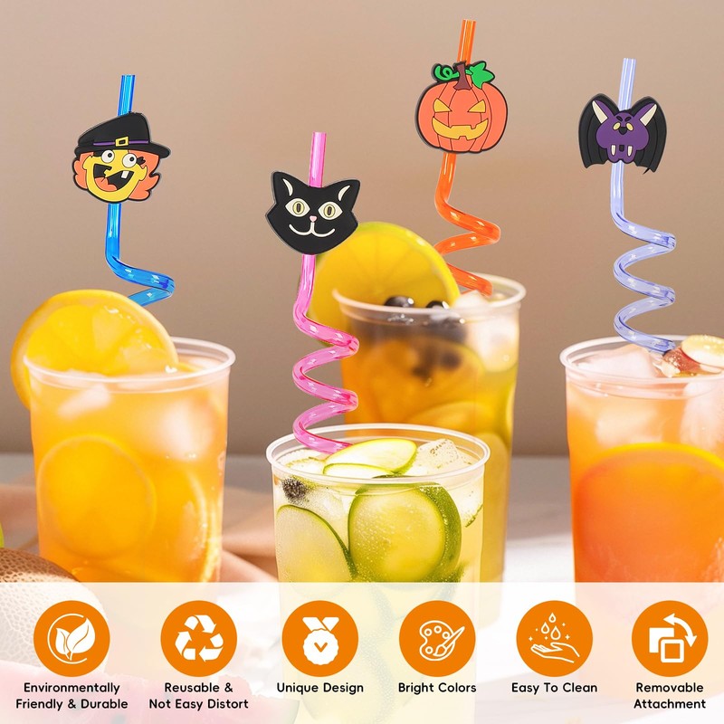 32 PCS Halloween Cartoon Themed Straws,Reusable Plastic Drinks Pumpkin Skull