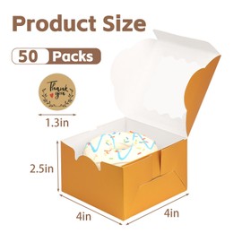 OUGEBOX 50 Pcs 4x4x2.5 Inch Bakery Boxes with Window, Gold Cookie Boxes for Gift Giving, Treat Box for Desserts, Macarons, Donuts, Pastries