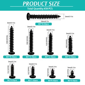 450 PCS Miniature Flat Head Tapping Screws, M3 Electronic Mini Screw, High Precision Assorted Self Tapping Screws, Laptop Notebook Computer Replacement Screws Kit (Black)