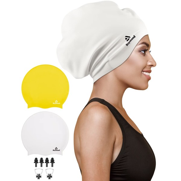 2 Pack Extra Large Swim Cap for Braids and Dreadlocks, Silicone Swimming Caps for Long Hair, Weaves, Extensions, Curls & Afros, Waterproof Adult Swim Hats Bathing Caps for Women Men(Yellow+White)