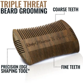 Beard Comb - Sandalwood Natural Hatchet Style Brush for Hair - Smells Amazing, Anti-Static & No Snag, Handmade Wide & Fine Tooth Contour Brush Best for Beard & Moustache with Carrying Case Pouch