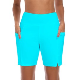 RELLECIGA Women's High Waisted Swim Board Shorts 7" Quick Dry Swimsuit Bottom with Liner(Sky Blue,Large)