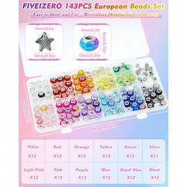 143PCS FIVEIZERO European Large Hole Beads for Jewelry Making – 12 Colors Glass Big Hole Spacer Beads with Metal Charms for Bracelets, Necklaces, Pens & DIY Crafts