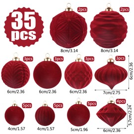 Christmas Tree Ornaments Velvet Balls,35 PCS Ornaments Ball Sets for Christmas Tree Red Flocked Christma Balls Assortment for Xmas Holiday Décor