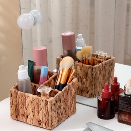 LYDWOO8D Remote Control Holder Wicker Desk Organizer Divided Storage Basket,Hand Woven Cosmetic Storage Box with 3 Compartments,Water Hyacinth Remote Control Basket for Desktop Organizing