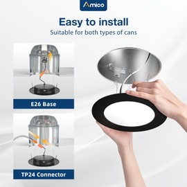 Amico Recessed Lighting 5/6 Inch, 1 Pack 5CCT Flat LED Can Lights, 2700K/3000K/4000K/5000K/6000K Selectable,10W Eqv 110W, 1000LM Brightness, Retrofit Installation - ETL & FCC, Black