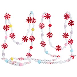 Christmas Wooden Bead Garland Christmas Tree Wood Candy Garland Red and White Peppermint Candy Beaded Garland Christmas Tree Decorations for Xmas Party Supplies Holiday Favors (1 Piece,12 Feet)