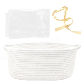 HADEEONG Woven Basket with Gift Bags and Ribbons, 14"X 10" X 6" Gift Storage Organizer Bin Shelf Shelves Cotton Rope Basket for Nursery, Pet Toys (White)