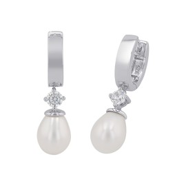 Amor Women's Creole Earrings 925 Silver Rhodium-Plated Zirconia White Round Freshwater Cultured Pearl White – 2017288