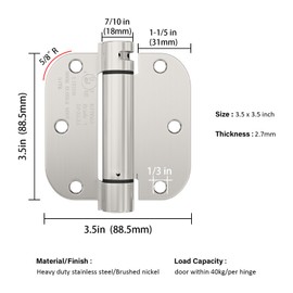 Haidms 3 Pack Self Closing Door Hinges 3.5 Inch Satin Nickel Spring Door Hinges with 5/8" Radius Corner for Heavy Duty Exterior Interior Doors