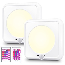 BIGMONAT Motion Sensor Light Battery Operated, Wireless Ceiling Light with Remote, Dimmable Color Changing Light for Shower Closet Pantry Hallway Cabinet Bedroom Dorm Bathroom, 250LMs, 2 Pack