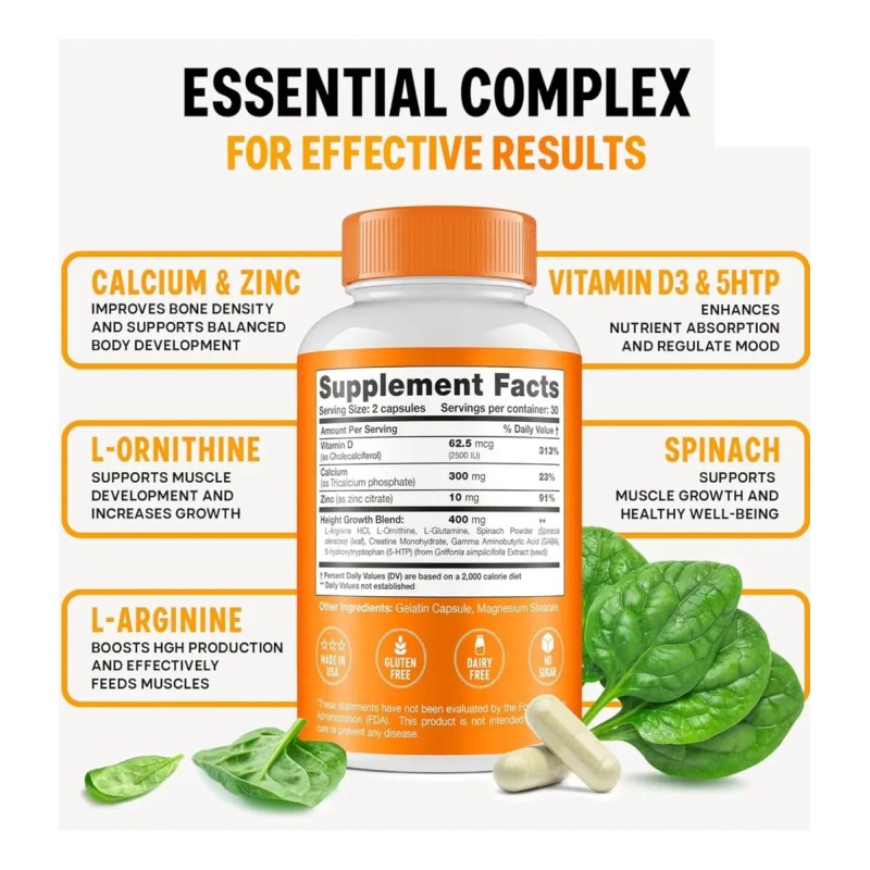 Height Growth Suplemento Para El Crecimiento 60 Capsulas Sin Sabor