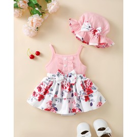 SUNNY PIGGY Baby Girl Clothes Newborn Infant Romper Sleeveless Suspender Dress Summer Outfits Sets with Hat Pink 6-12M