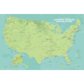 US National Wildlife Refuge System Map 24x36 Poster (Green & Aqua)