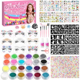 Kit de tatuajes con brillantina para niños, 9 gemas faciales, 24 colores de brillantina, 60 pegatinas para tatuajes, 64 plantillas para tatuajes, 1008 diamantes de imitación, 5 pinceles de