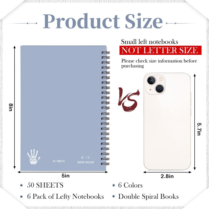 Lewtemi 6 Pack Small Left Handed Notebook 8"x5" Lefty Spiral