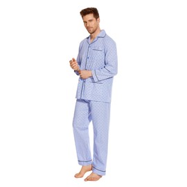 GLOBAL Mens Pajamas Set, 100% Cotton Woven Drawstring Sleepwear Set with Top and Pants/Bottoms,Medium