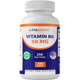 Vitamatic Vitamin B6 (Pyridoxine HCI), 50 mg 250 Vegetarian Tablets - Promotes Energy Production, boosts Metabolism and Immune Health Support