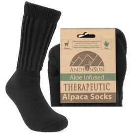 Caring Warm Therapeutic Alpaca Socks for Poor Circulation - Non Irritating Smooth Seam (Black Crew - Medium)