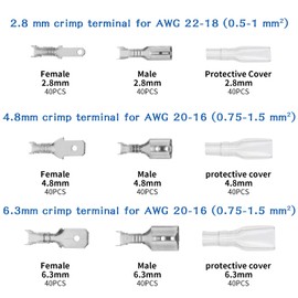 electrapick 360s Electrical Wire Connector Male Female Spade Connectors Wire Crimp Terminal Block with Insulating Sleeve Kit (2.8 mm 4.8 mm 6.3 mm)