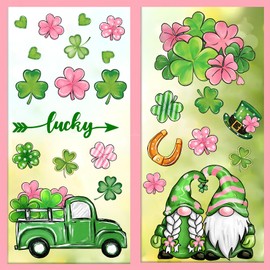 FYSUIMU St. Patrick's Day Gnome Window Cling Stickers Pink Green Shamrock Clover Truck Reusable Window Decals for Irish Holiday Party Home Office Classroom Decor, 4 Sheets