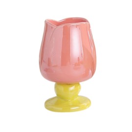 TANG SONG Ceramic Tulip Goblet, Shiny Ceramic Cream Cup with Irregular Flower Shape,Pink Tulip Flower Drinking Cup for Wine Latte Coffee Tea Milk