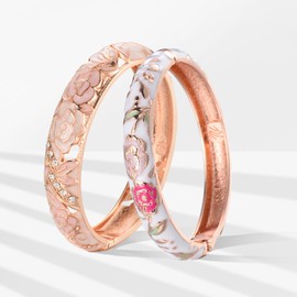 wynameleri Vintage Jewelry Cloisonne Handcrafted Enameled Gorgeous Rhinestone Flower Gold Hinged Cuff Bracelet Bangles Gifts 88C06-55A106 pink white