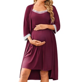 Ekouaer Women Lace Maternity Nursing Gown and 3/4 Sleeve Robe Set Double Layer Breastfeeding Nightgown Slip Dress & Bathrobe Dark Red S