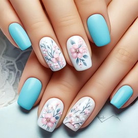 Spring Press on Nails Square Fake Nails Medium with Floral Leaves Designs Glue on Nails Blue Full Cover Nails Press ons White Acrylic False Nails Glossy Artificial Stick on Nails for Women 24Pcs