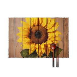 Sunflower with Wood Placemats Set of 4 Foldable Placemats Washable Wipeable Placemat Rectangular Table Mats Coffee Time Placemats for Kitchen Dining Table Decoration