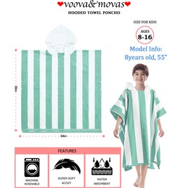 VOOVA & MOVAS Beach Towels for Big Kids - Girl | Teens Hooded Pool Towel Poncho (8-16Years), Large Thick and Absorbent Cotton - Versatile for Pool, Swim, and Bath, Slate Green White Cabana