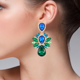 Art Deco Baroque Large Earring Crystal Rhinestone Cluster, Color of Blue and Emerald, Fashionable