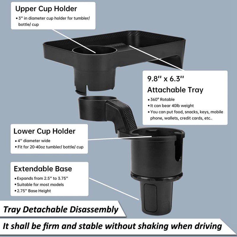 Multifunctional Cup Holder Expander with Detachable Tray Table Adjustable Base
