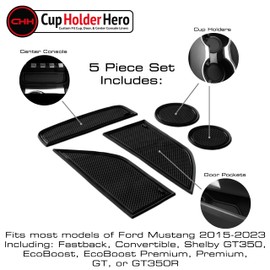 CupHolderHero Compatible with Ford Mustang Accessories 2015-2023 Premium Custom Interior Non-Slip Anti Dust Cup Holder Inserts, Center Console Liner Mats, Door Pocket Liners 5pc Set (Solid Black)