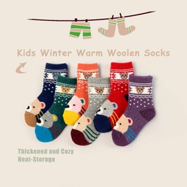 Children's Wool Socks Boys Warm Winter Socks Thick Crew Thermal Socks Cartoon Construction Vehicle Socks 6 Pairs, bear mix