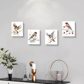 Framed Watercolor Bird Wall Art Set of 4, Winter Birds Collection, 8x10 inches Abstract Nature Canvas Prints for Bedroom Home Decoration, Gallery Wall Decor