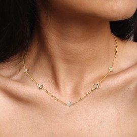ALEXCRAFT Women's Gold Silver Glitter Flower Necklace with Zirconia Necklace Fashion Jewellery for Her Women Girlfriend Mum Chain Length 42 + 5.5 cm