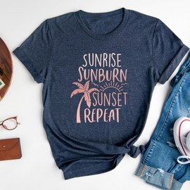 (XL) Sunrise Sunburn Sunset Repeat T Shirt for Women, Heather Neavy Summer T-Shirt for Women, Graphic Sun Rose Gold Design Tee, Perfect for Camping and Outdoor Adventures, Summer T-Shirt for Women (XL)