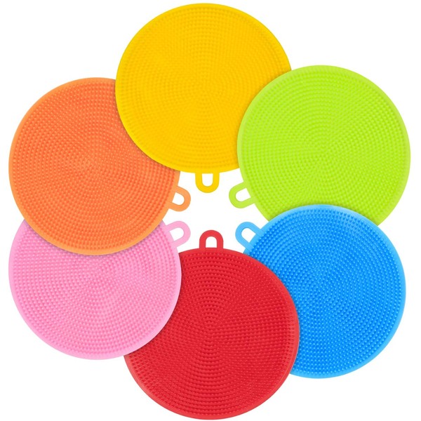 Emoly 6 Pack Food Grade Reusable Sponges for Dishes， Heat Resistant and Without Bpa，Double Sided Silicon Brush, 6 Colors