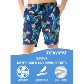 TEX2FIT 2-Pack Men's Swim Shorts with Pockets, Quick Dry Swim Trunks with Mesh Lining (Tocan/Flamingos, XX-Large)