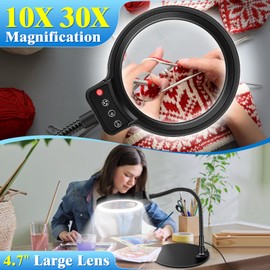 10X 30X Magnifying Glass with Light and Stand, 72 LED 3 Color Modes Stepless Dimmable, Hands Free Lighted Magnifier Desk Lamp for Close Work Craft Hobby Painting Sewing Jewelry Reading (Black)