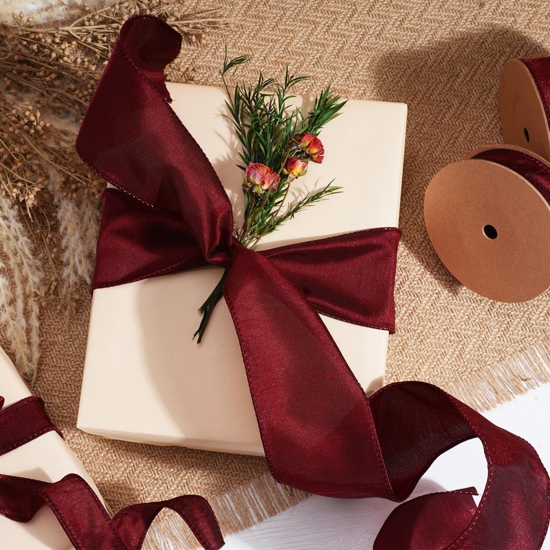 LaRibbons Burgundy Ribbon Wired Christmas Dupioni,2.5" x 10 Yards