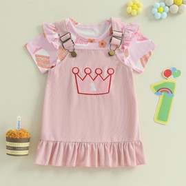 MAHUAOYIXI 2Pcs Baby Girl 1st Birthday Outfits Short Sleeve Letter/Crown Print Romper with Ruffle Overall Dress Toddler Summer Clothes Girls Birthday Gift (Pink, 12-18 Months)
