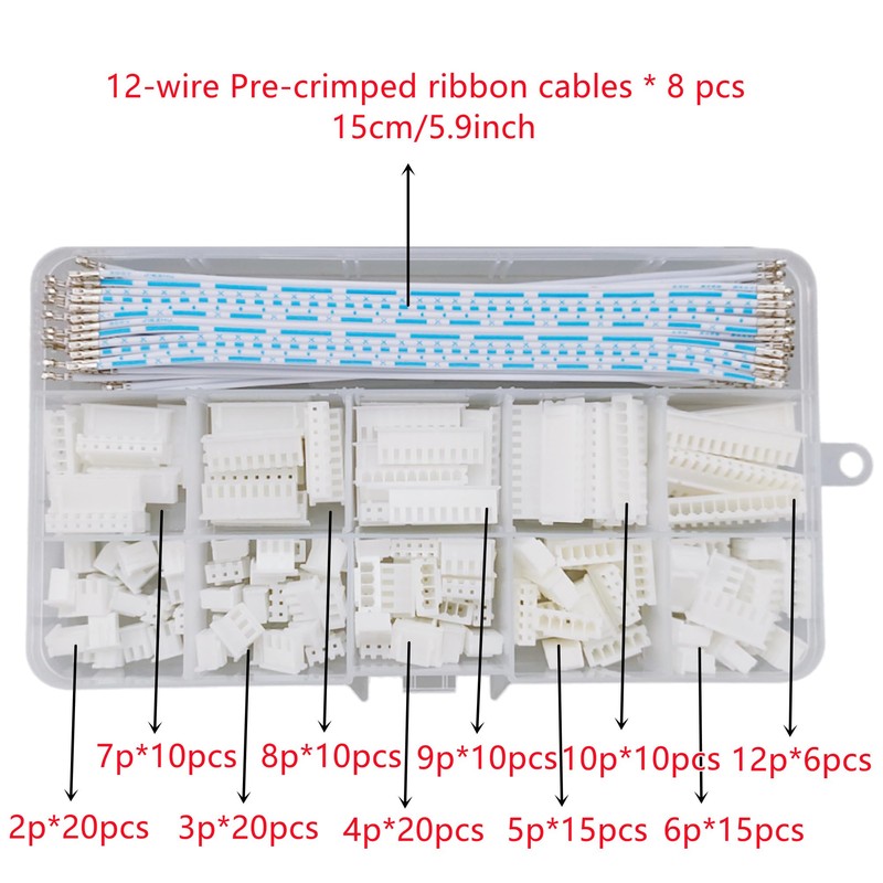 XH 2.54mm Connectors Kit with Pre-Crimped Ribbon Cables Wire 2/3/4/5/6/7/8/9/10/12